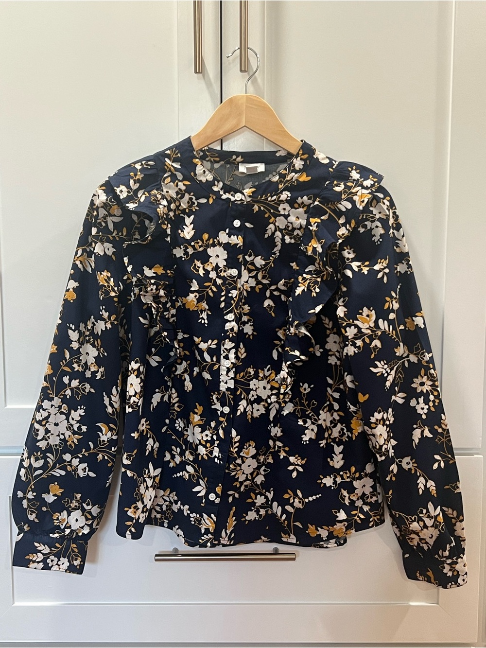 Crew Re-Imagined Navy Floral Ruffle Trim Button Front Blouse - Size M